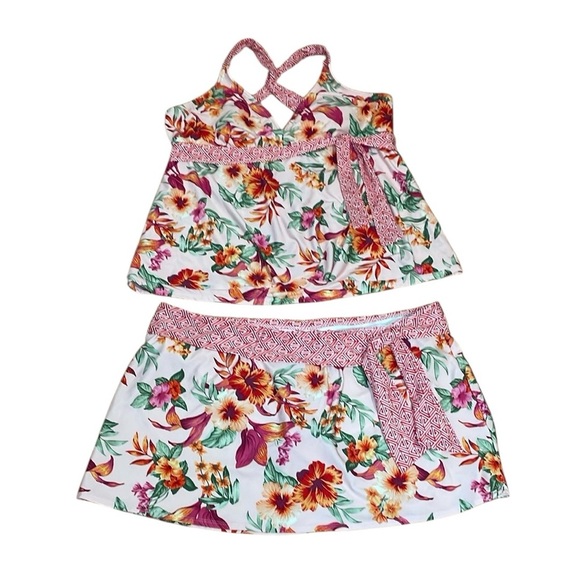 Alex Marie 2 piece Peach Floral Skirtini, Tropical, Tankini, Hibiscus, 16 - Picture 1 of 10